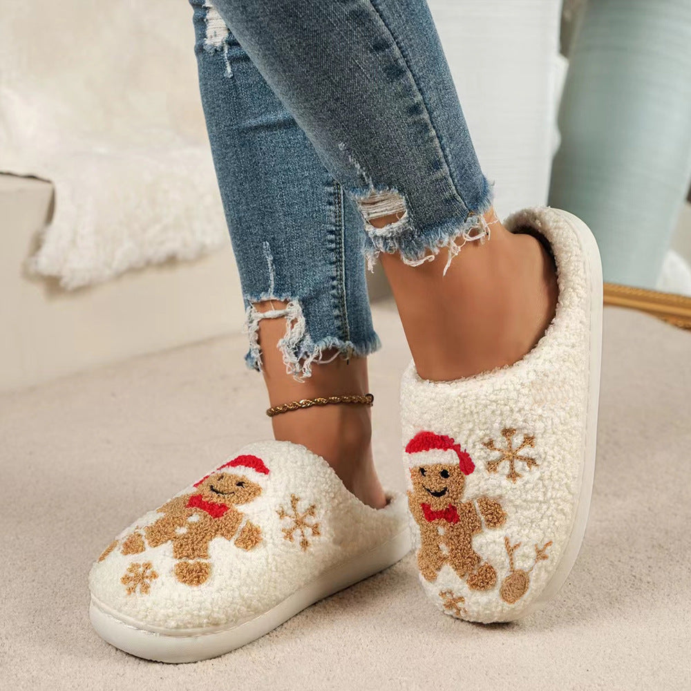 Christmas Slippers Gingerbread Slippers Women and Men Holiday Halloween Slippers Indoor Bedroom Fluffy Warm Fleece Slippers Winter Soft Cozy Home Non-Slip Soft Plush Slip-on Wool Lined House Shoes