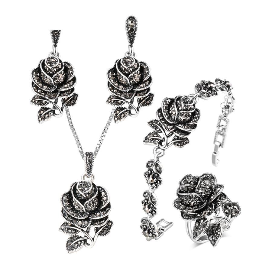 Fashion Silver Color Vintage Wedding  Jewellery Set Black Crystal Rose Flower Ring Jewelry Sets For Women Party Gift