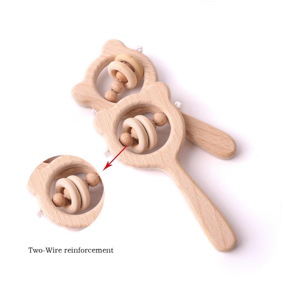 Modern Wooden Rattle Beech Bear Hand Teething Wooden Ring Baby Rattles Play Educational Toys For Kids