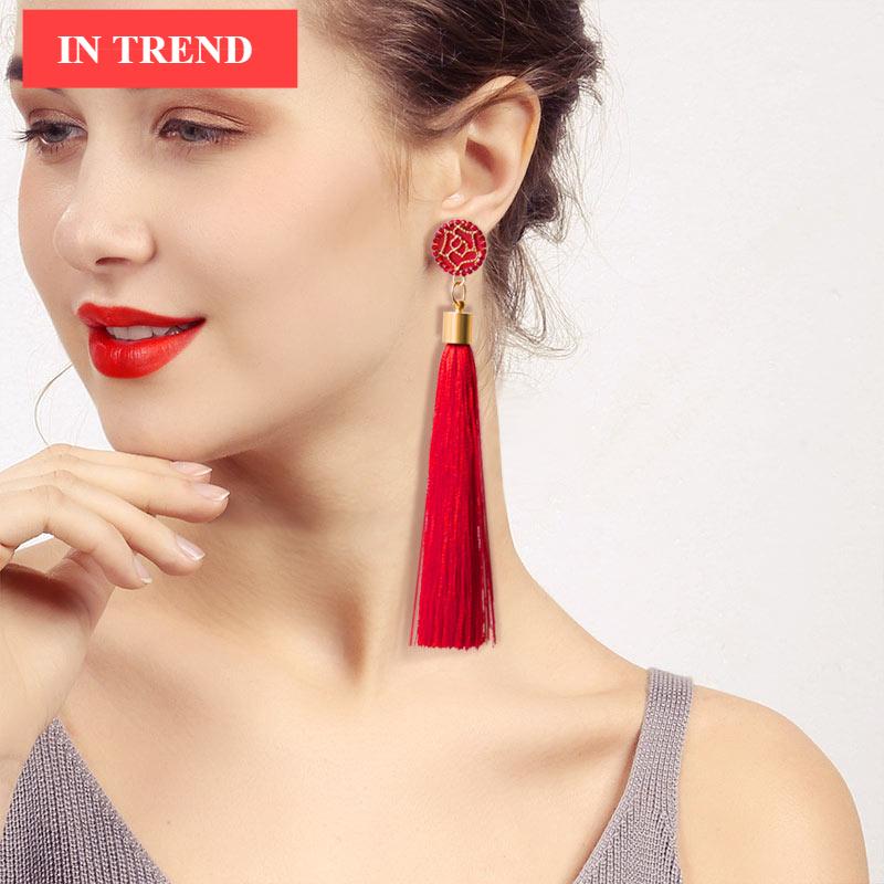 Bohemian Tassel Crystal Long Drop Earrings for Women Red Cotton Silk Fabric Fringe Earrings Fashion Woman Jewelry