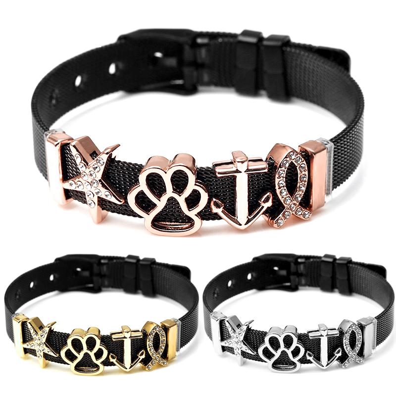 Black Stainless Steel Mesh Bracelets Elegant For Women Men Couples Lover Gold Rose Gold Star Bears Anchor Charm Watch Belt Bangle