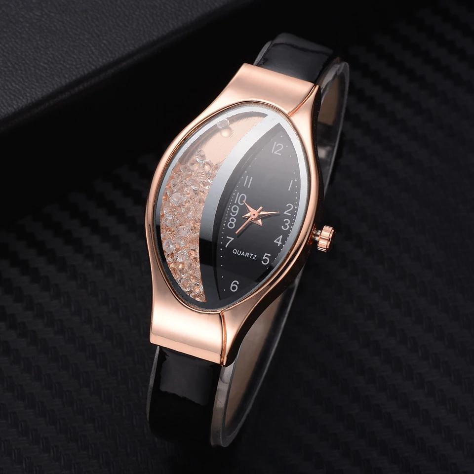 Women Fashion Luxury Watch Leather Strap Women Bracelet Clock Ellipse Rhinestone PU Sport Quartz Watch Wrist Watches For Women and Girls