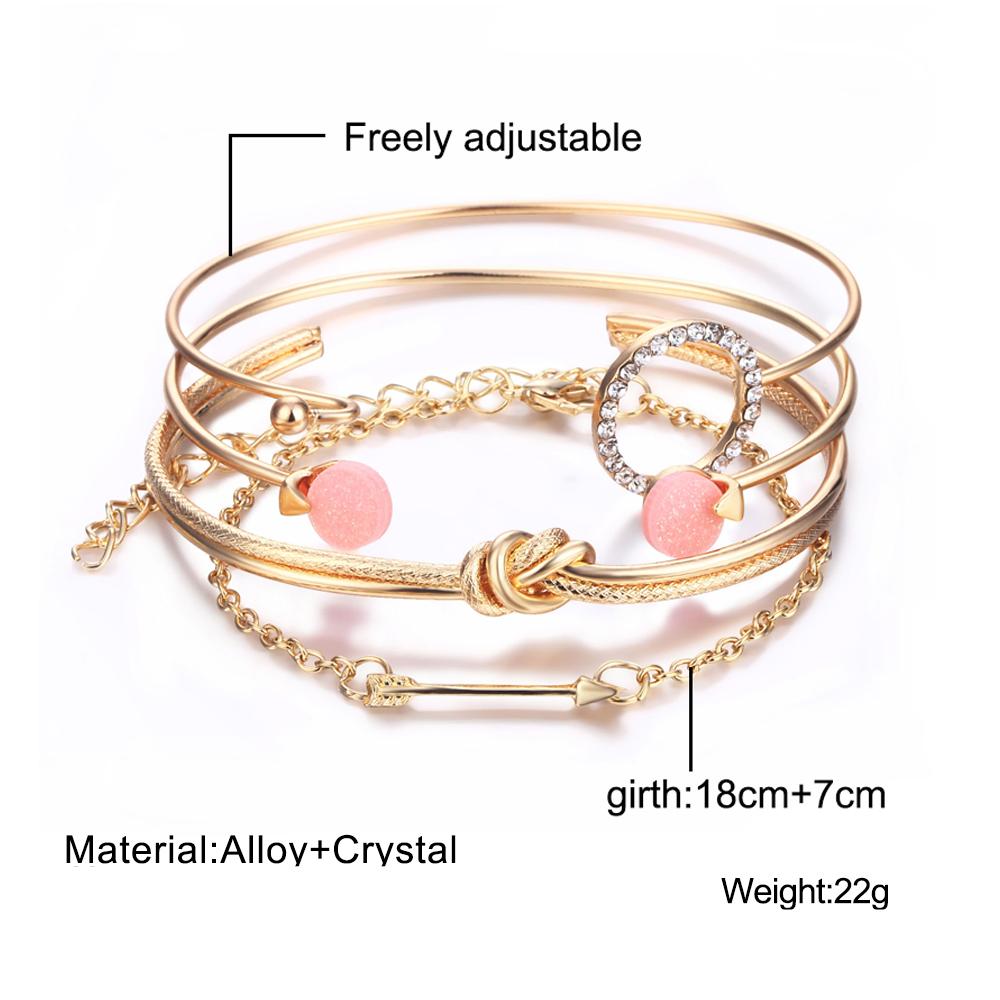 Luxury Modern  Gold Crystal Circle Arrow Bracelets Set for Women In Bohemian Pink Opal Adjustable Charm Bracelet Jewelry Style for Women and Ladies