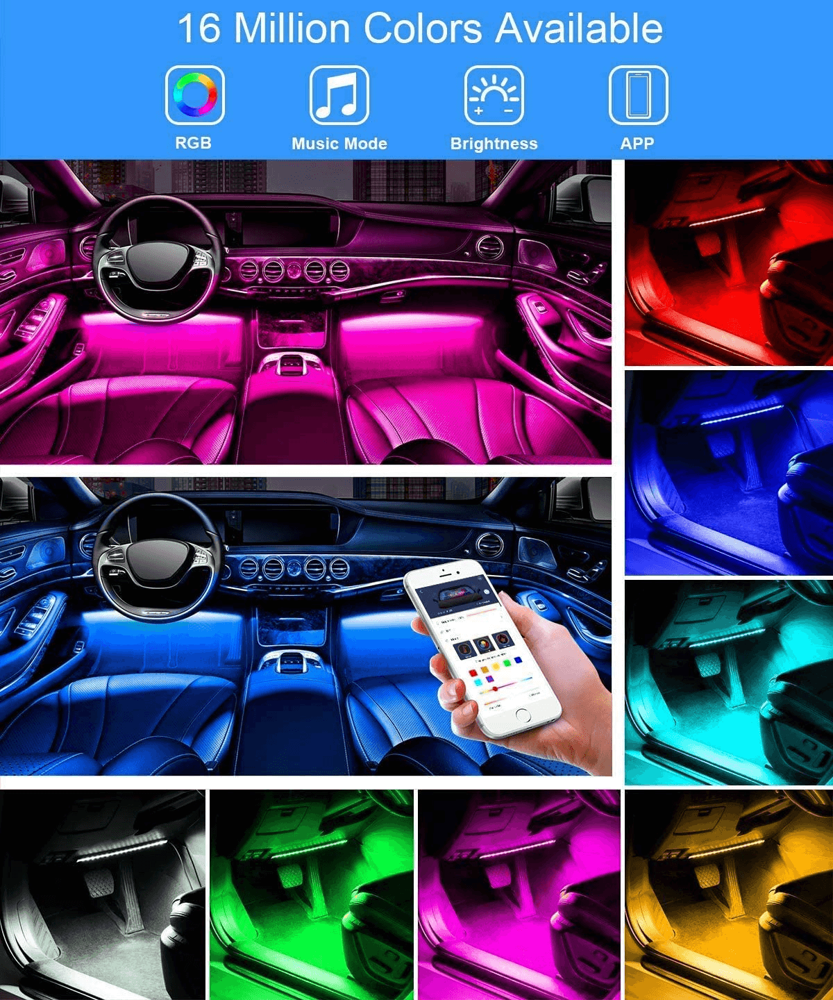 Interior Car Lights LED Car Strip Lights with Two-Line Waterproof Design RGB LED Strip Light With USB Wireless Remote Music Control Multiple Modes and Music Sync Under Dash Car Lighting with Car Charger, DC 12V