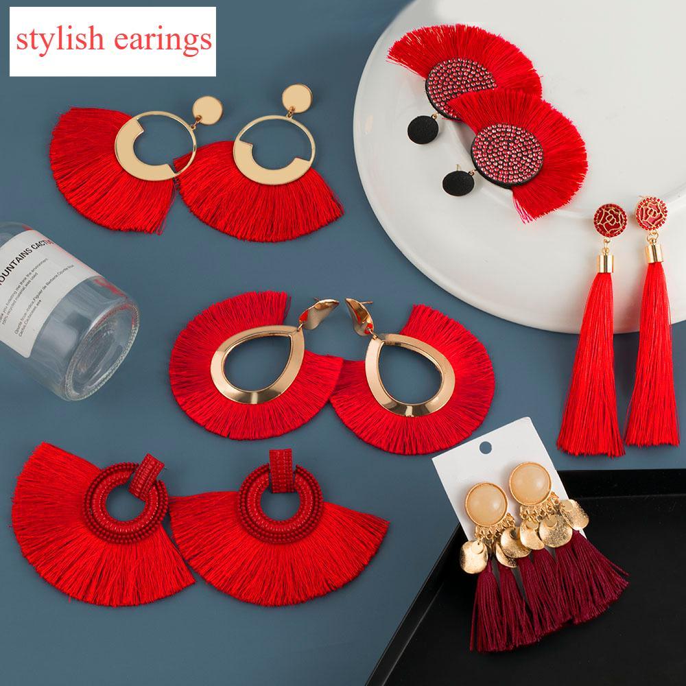 Luxury Elegant Tassel Modern Tassel Earrings for Women In  Cotton Silk Fabric Long Fringe Drop  Earrings Design