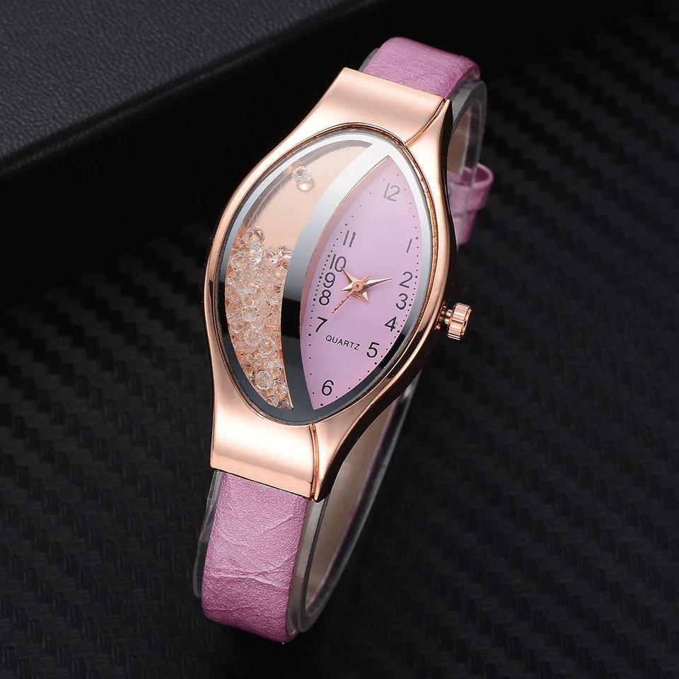 Women Fashion Luxury Watch Leather Strap Women Bracelet Clock Ellipse Rhinestone PU Sport Quartz Watch Wrist Watches For Women and Girls