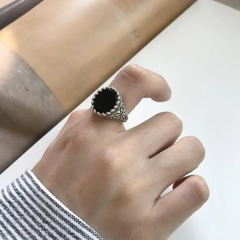 925 Sterling Silver Vintage Retro Design Black Agate Charms Rings for Women - Simple Personality Wild Rings Fine