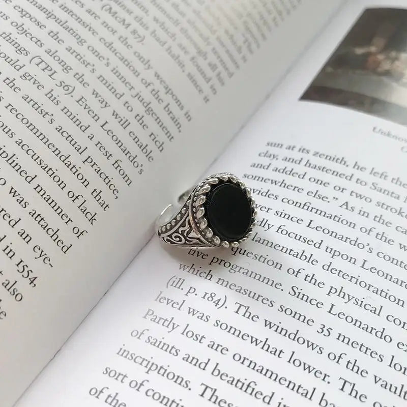 925 Sterling Silver Vintage Retro Design Black Agate Charms Rings for Women - Simple Personality Wild Rings Fine