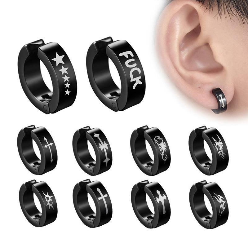 Modern Punk Titanium Steel Ear Clip Luxury Earrings For Men Women Elegant Print Pattern Black Trendy No Pierced Fake Ear Circle