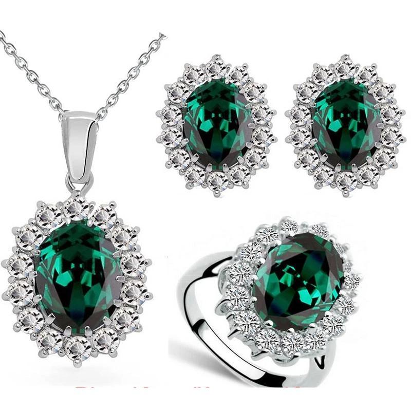 Luxury Elegant Juwelery Set For Ladies IN Blue Crystal Stone Wedding Jewelry Style  For Brides Silver Color Necklace Set For Women