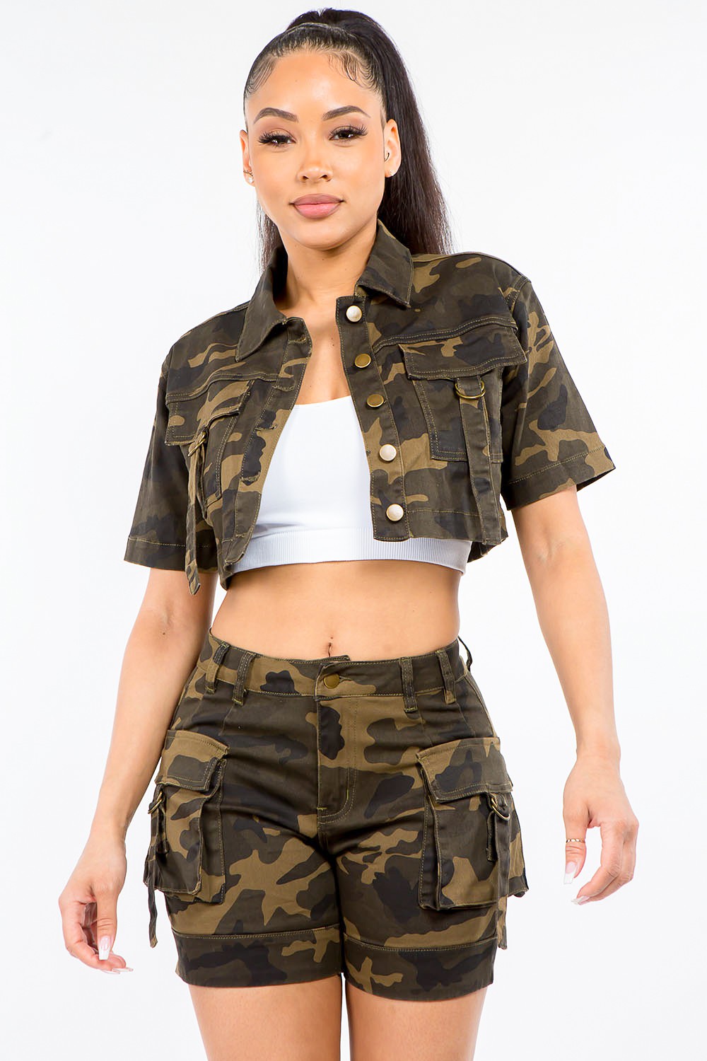 American Bazi Full Size Camouflage Short Sleeve Cropped Jacket for Women Trendy and Versatile Outerwear