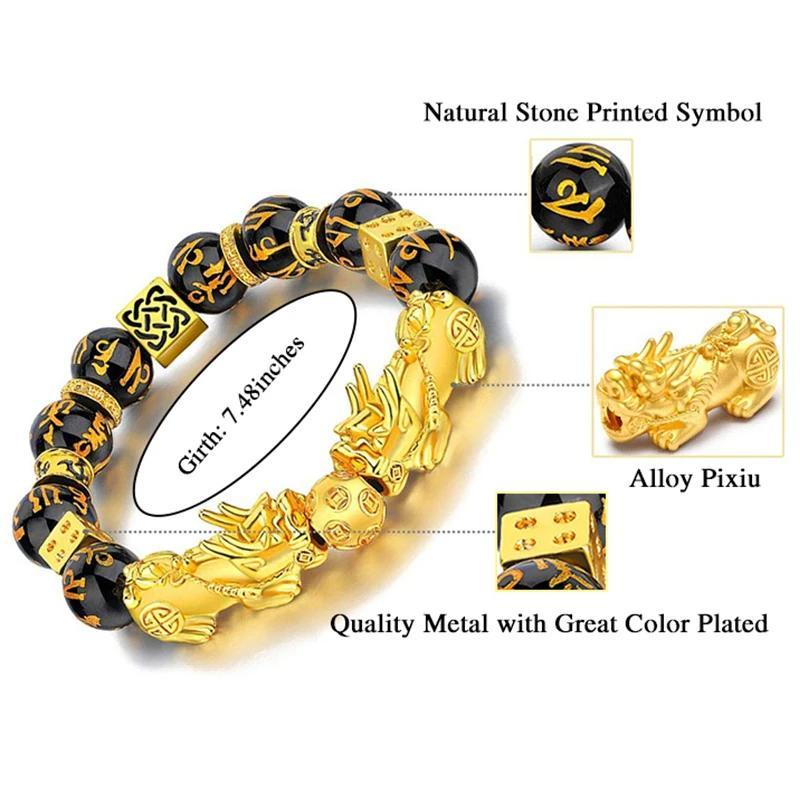 Luxury Black Obsidian Stone Beads Bracelet Gold Color Buddha Good Luck Wealth Bracelets for Women and Men