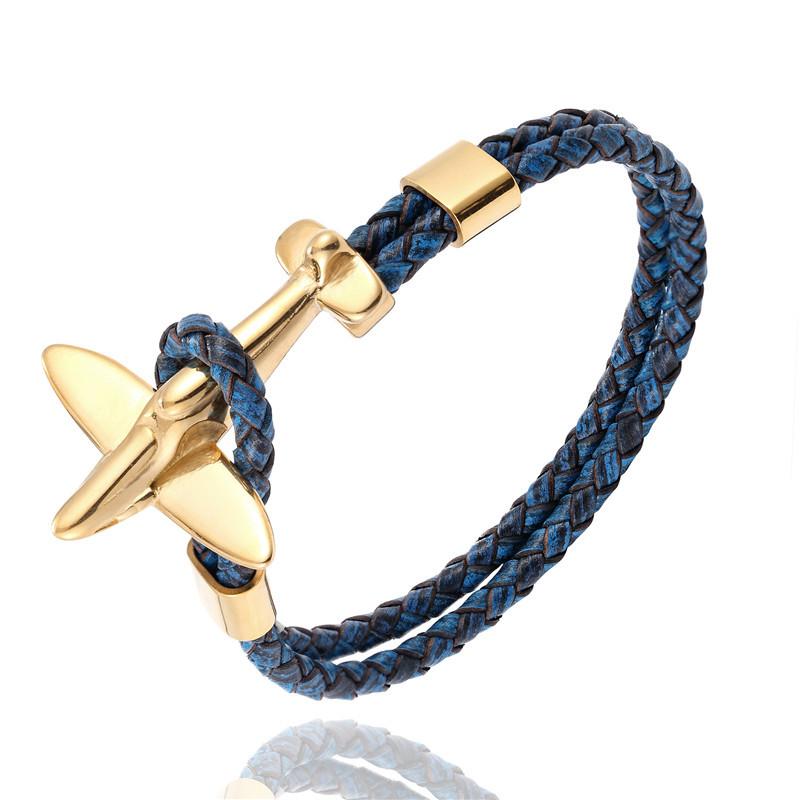 Luxury Modern New Airplane Stainless Steel Gold Aviation Airplane Anchor Bracelets For Men and Women In Retro Leather Bracelet Air Force Style Homme Jewelry Style