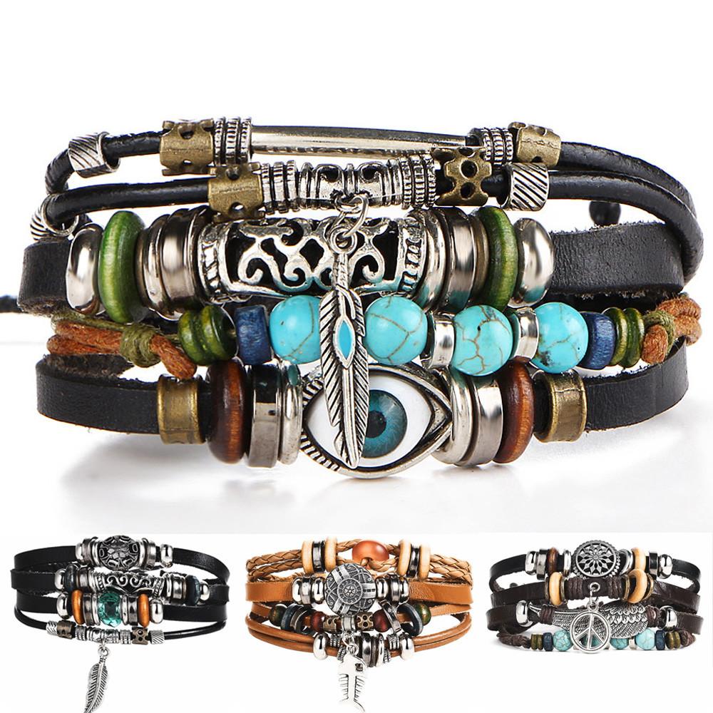 BOHO Tibet Stone Feather Multilayer Leather Bracelet Eye Fish Charms Beads Bracelets For Men Vintage Punk Wrap Wristband Cool Jewelry