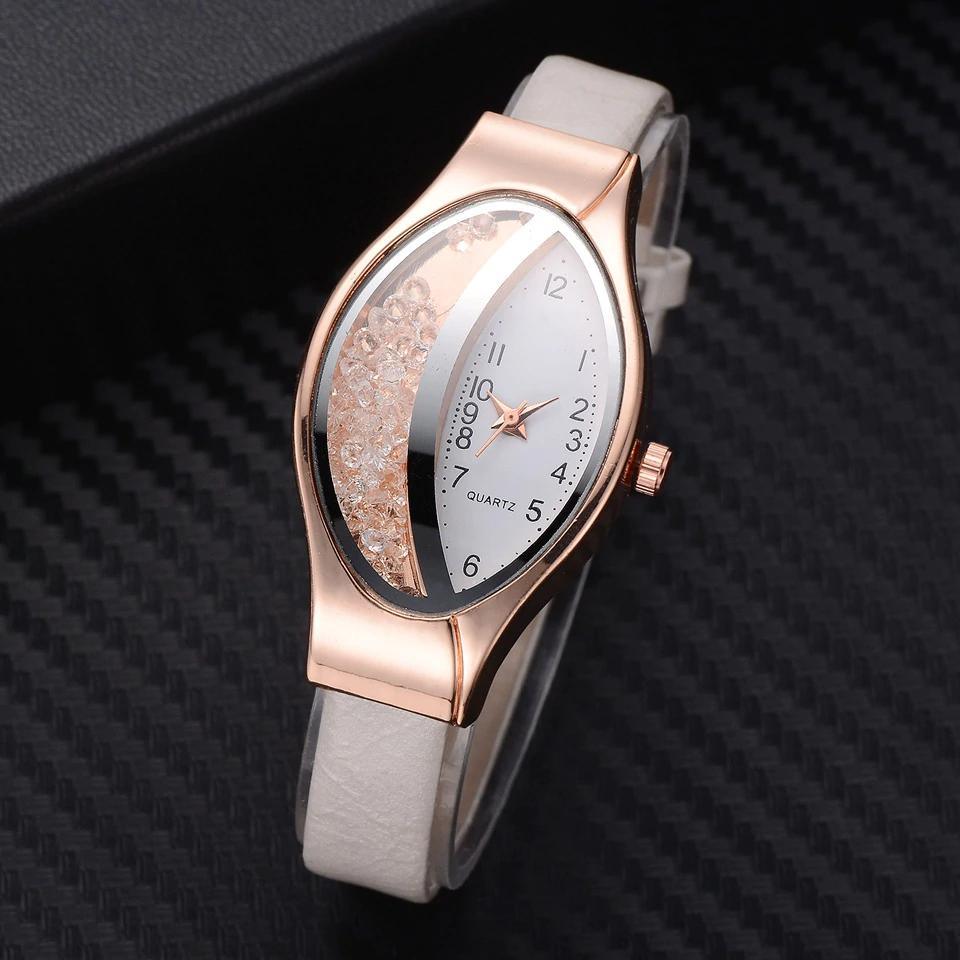 Women Fashion Luxury Watch Leather Strap Women Bracelet Clock Ellipse Rhinestone PU Sport Quartz Watch Wrist Watches For Women and Girls