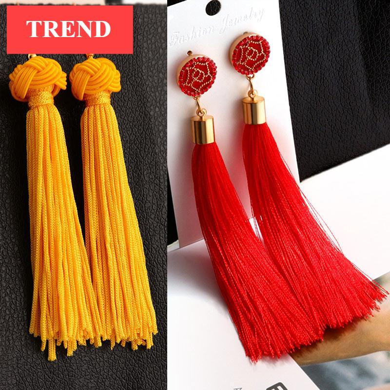 Bohemian Tassel Crystal Long Drop Earrings for Women Red Cotton Silk Fabric Fringe Earrings Fashion Woman Jewelry