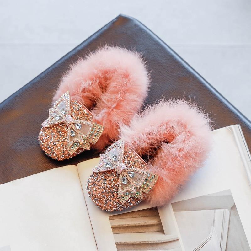 Fashion Winter Crystal Bling Baby Girls Flat Shoes Fur Warm Kids Party Bow Toddler Children Princess Shoes