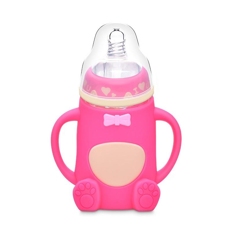 Infant Cartoon Baby Cute Feeding Glass Bottle Safe Silicone Milk Bottle With Handle Newborn Drink Training Colorful Feeding Bottles