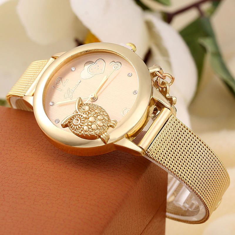 STEVVEX Gold  Watch Brand Quartz Women Rose Gold Stainless Steel Mesh Belt Ladies Wristwatch Female Clock Owl (Gold) For Women and Girls