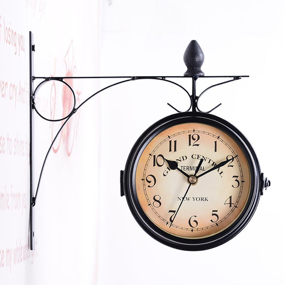 Vintage Retro Trainstation Household Double Sided Bracket Clock Retro Horological Decoration Ornaments Living Room Wall Clock in London Elegant English Style and Design