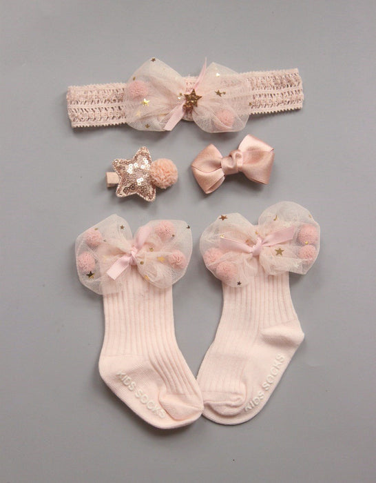 4PCS/SET Newborn Baby Girl Socks Ankle Princess Anti Slip Socks+Headband+Hair Pin For Baby