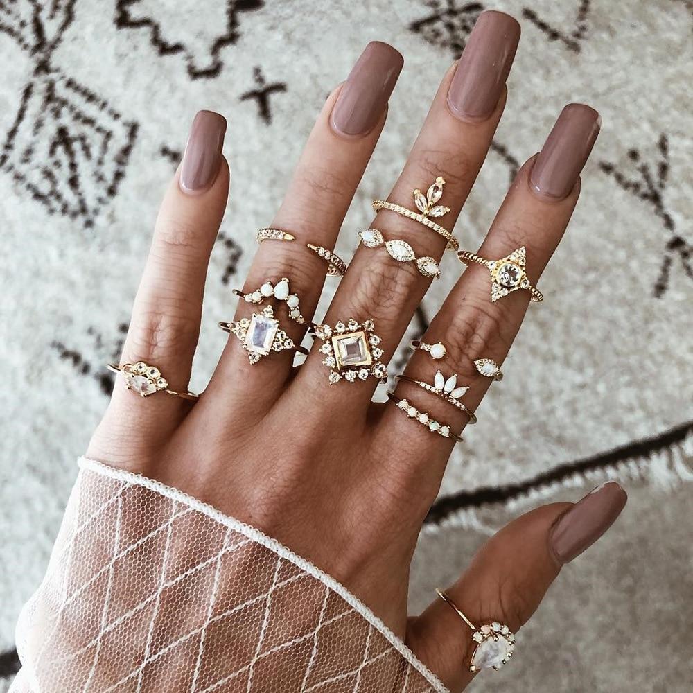 Women Crystal Finger Knuckle Rings Set For Girls Moon Lotus Charm Bohemian Ring Fashion Jewelry Gift