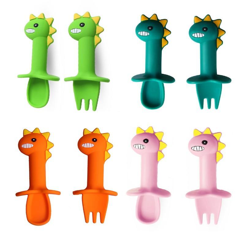 New Baby Feeding Spoon Fork Set Short Easy  Cartoon Dinosaur Soft Silicone  Teether Toys Non-hurt Training Tableware