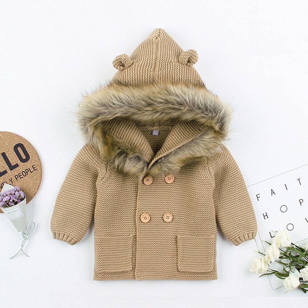 Modern Luxury Winter Warm Newborn Baby Boy Girl Knit Hooded Coat Fur Collar Jacket Clothes FOr Boys and Girls