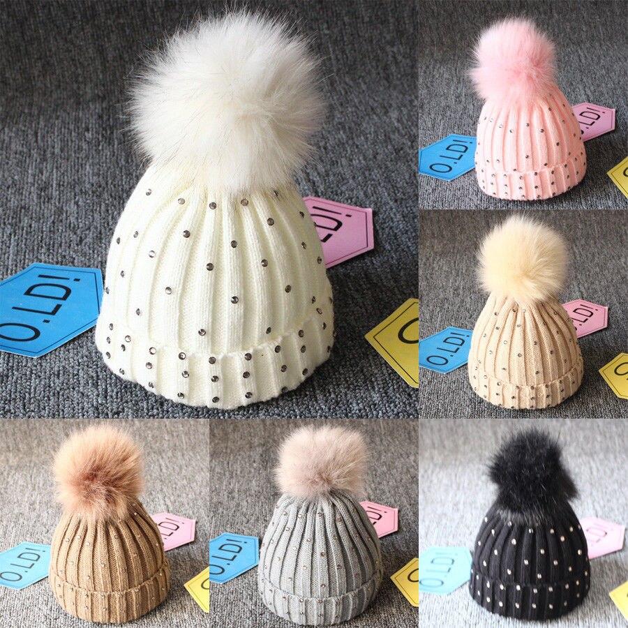 Fashion TrendBaby Girls Lovely Winter Warm Fur kintted Pompom Beanies Cap For Winter In Elegant Style