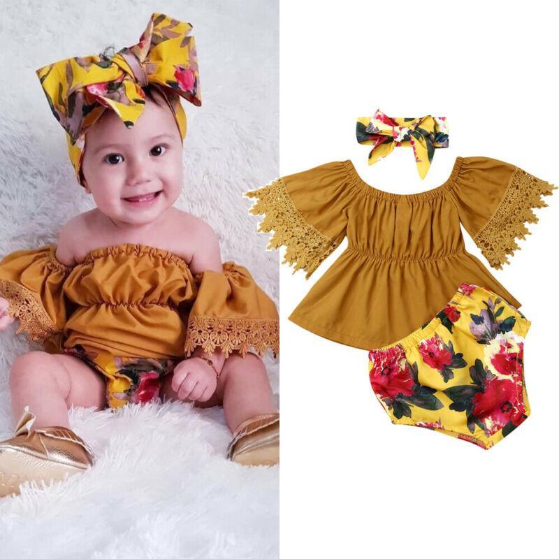 Elegant Luxury Floral Newborn Baby Girl Toddler Outfits Off shoulder Solid Tops Floral Short Pant Headband Bow Set For Baby Girls