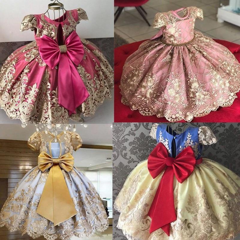 Handmade Luxury Princess Baby Girl 1 Year Birthday Dress Tutu First Christmas Party Cute Bow Dress Infant Modern Luxury Dress With Big Bow