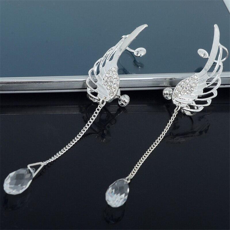 New Silver Plated Angel Wing Elegant Stylist Crystal Earrings Luxury Drop Dangle Ear Stud For Women Long Cuff Earring Epic Bohemia Style