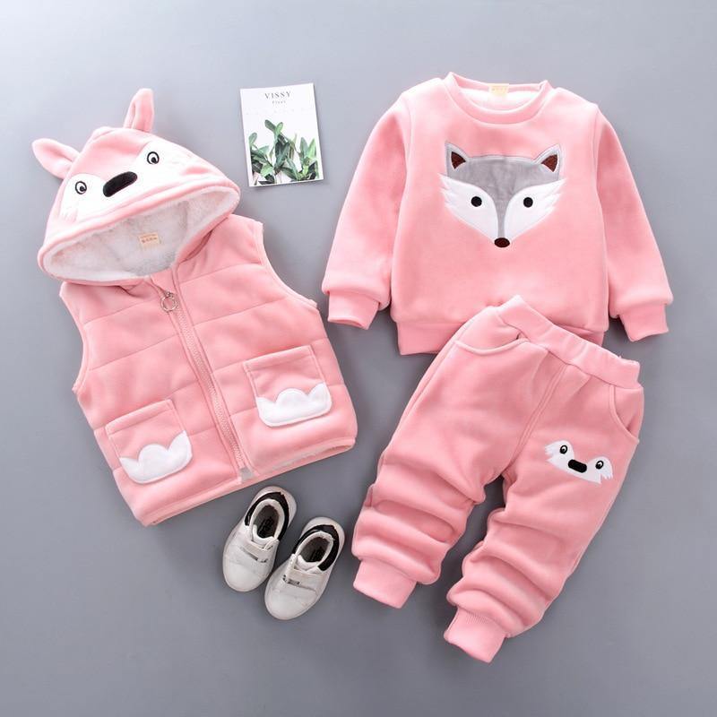 Baby Clothes Winter Thick And Warm Three-piece Cartoon Bear And Fox Printed Sweater Hooded Baby Girl Clothing Set Sweater and Pants