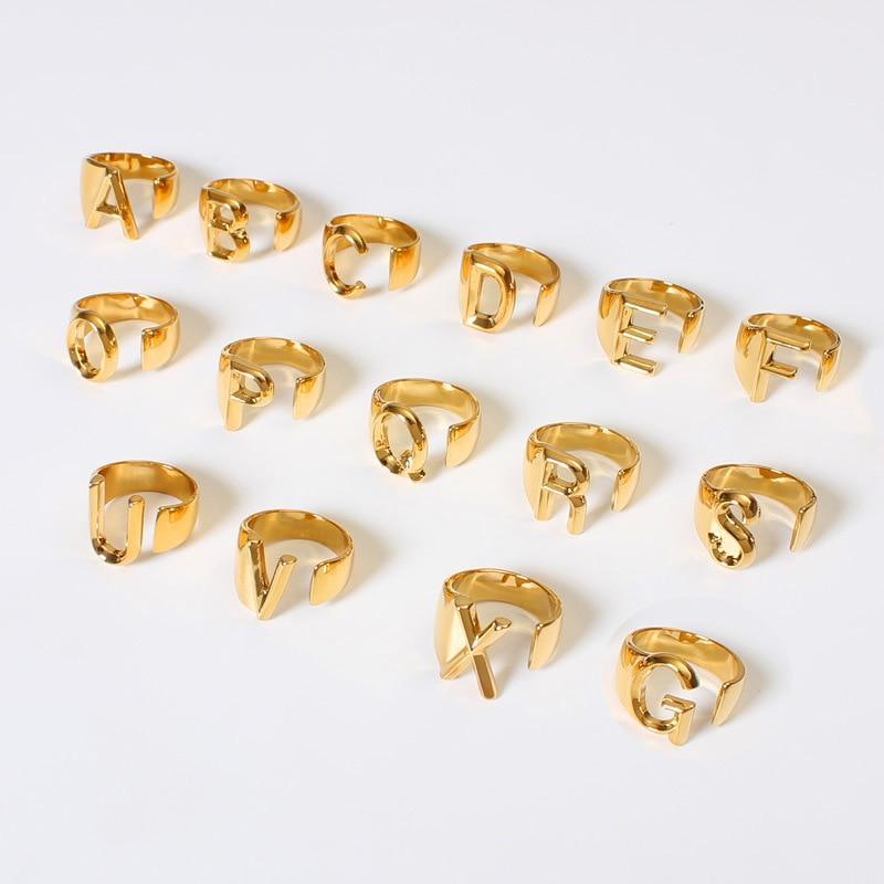 Hollow A-Z Letter Gold Color Metal Adjustable Opening Ring Initials Name Alphabet Female Party Chunky Wide Trendy Jewelry