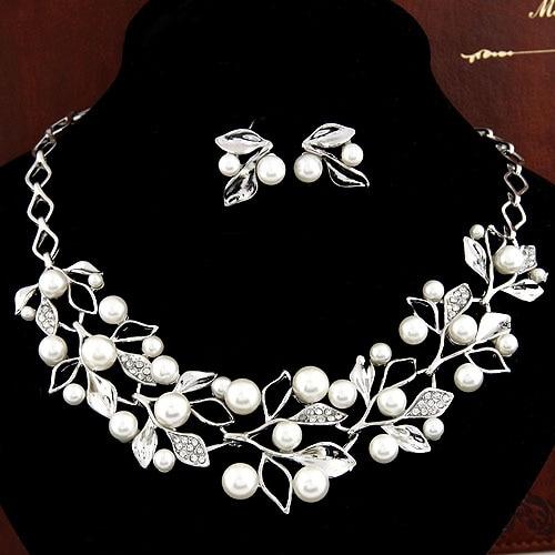 Bridal Simulated Pearl Jewellery Sets for Women's Dresses Accessories Cubic Necklace Earrings Set Gold Color