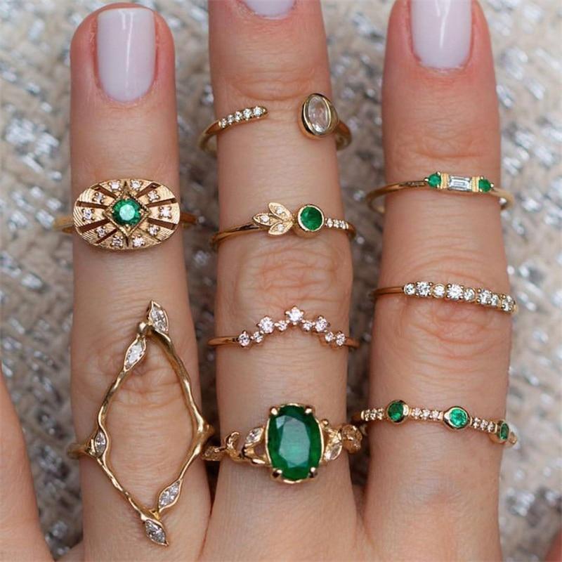 Modern Bohemian Retro Crystal Flower Leaves Hollow Lotus Gem Silver Color Ring Set For Women Excelent For Wedding Anniversary Party