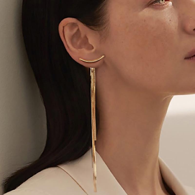 Luxury Vintage Gold Bar Long Thread Tassel Drop Earrings For Women In Glossy Arc Geometric Korean Earring Fashion Style