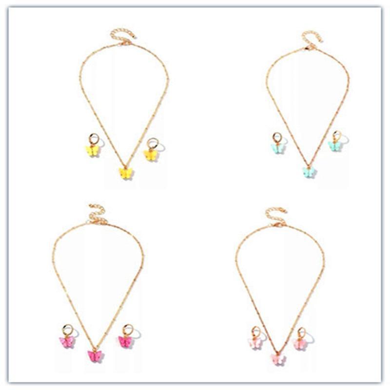 Luxury Fashion Acrylic Butterfly Stud Cute Butterfly Pendant Necklace and Earrings For Women Colorful Girls Jewelry Gifts