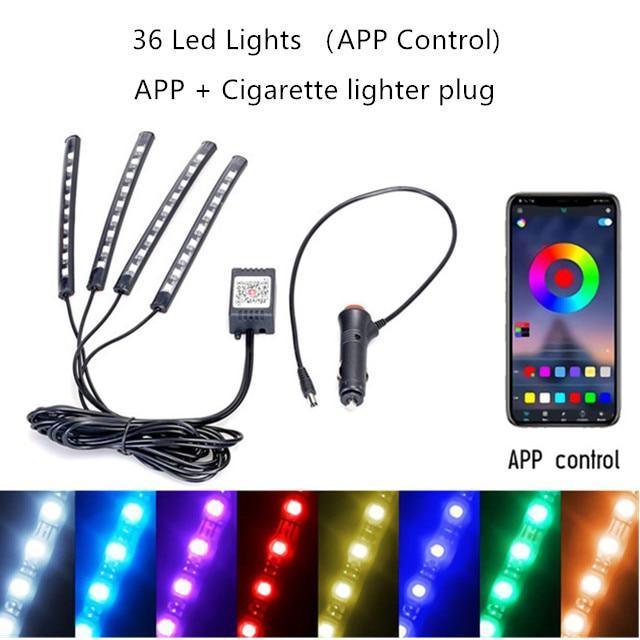 Interior Car Lights LED Car Strip Lights with Two-Line Waterproof Design RGB LED Strip Light With USB Wireless Remote Music Control Multiple Modes and Music Sync Under Dash Car Lighting with Car Charger, DC 12V