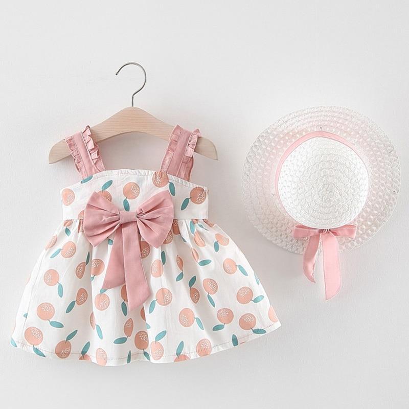 Luxury Modern Baby Girls Dresses With Hat 2pcs Clothes Sets Kids Clothes Baby Sleeveless Dress Print Floral Fruit Design Style