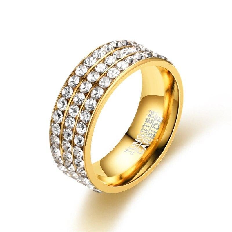 Luxury Modern Stainless Steel Ring With 5 Rows Gold Color Diamonds Crystal Ring Made for Wedding Rings for Women Men In Elegant Jelwery  Design