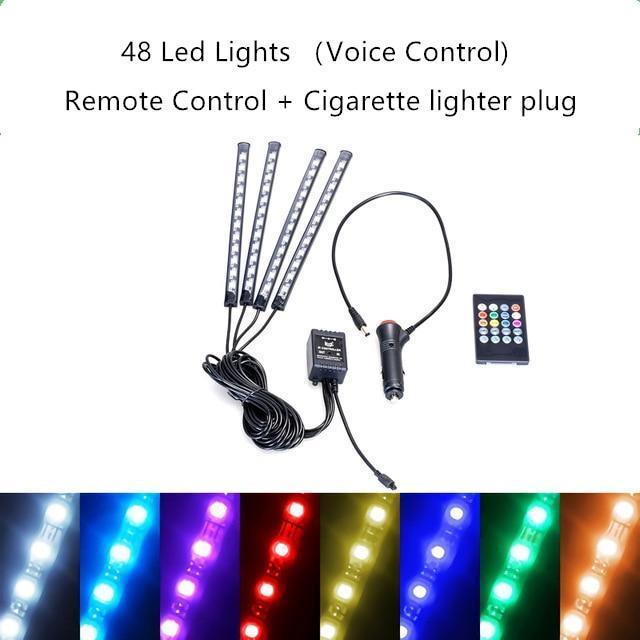 Interior Car Lights LED Car Strip Lights with Two-Line Waterproof Design RGB LED Strip Light With USB Wireless Remote Music Control Multiple Modes and Music Sync Under Dash Car Lighting with Car Charger, DC 12V