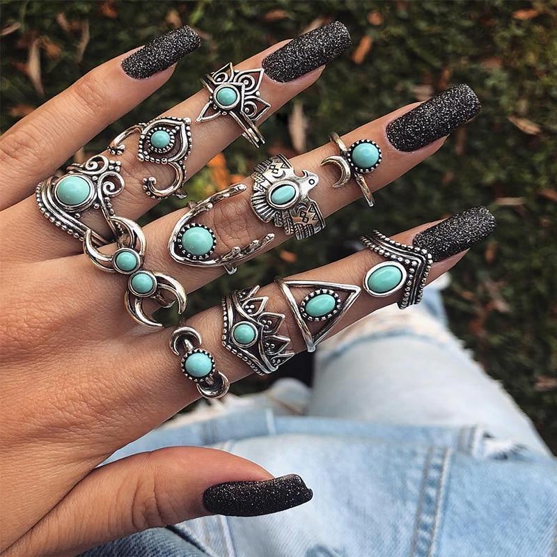 Boho Women Rings Set Compass Arrow Starfish Wave Moon Eyes Gem Gold Silver Color Opening Midi Ring Charm Lady Jewelry