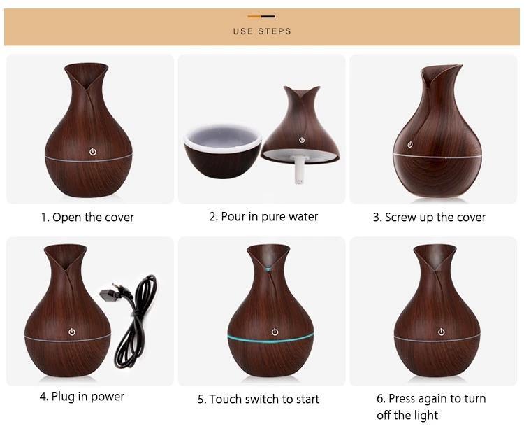 Essential Oil Diffuser 130ml Wood Grain Vase-Shaped  Aromatherapy Cool Mist Humidifier With 7 Colors LED Lights & Waterless Auto Shut-Off For Home Office