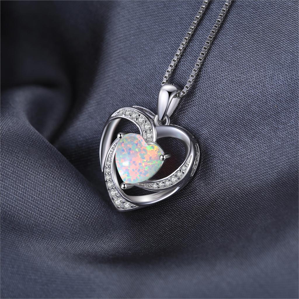 Heart Created Opal Pendant Necklace 925 Sterling Silver Gemstones Choker Statement Necklace Women In Luxury Modern Shiny Jewelry Diamond Design