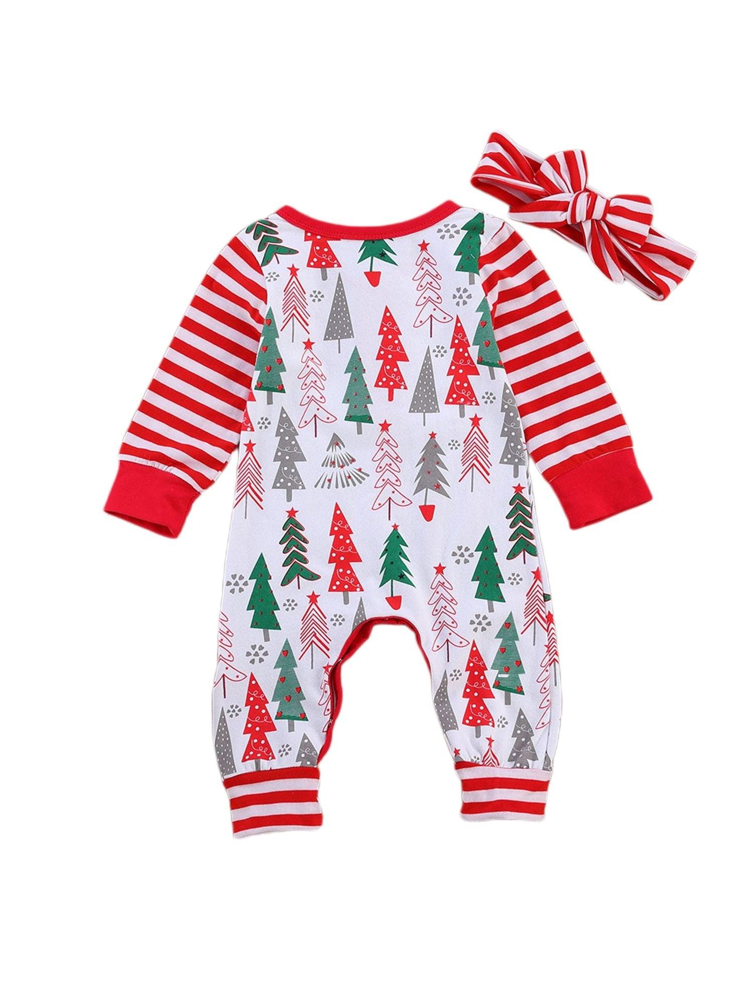 Newborn Baby Girls Boys Christmas Rompers Headband Jumpsuits 2pcs Santa Tree Print New Year Baby Romper