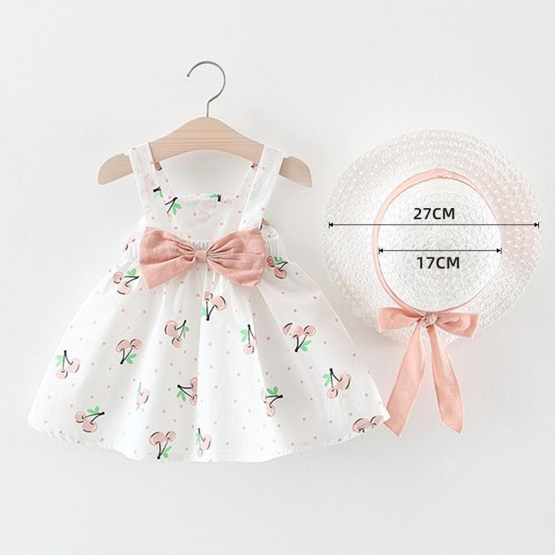 Luxury Modern Baby Girls Dresses With Hat 2pcs Clothes Sets Kids Clothes Baby Sleeveless Dress Print Floral Fruit Design Style