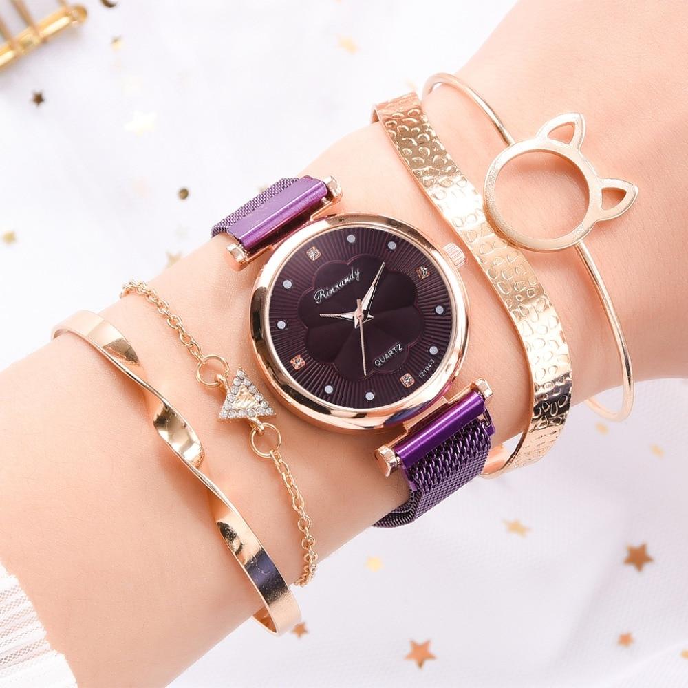 Fashion Set Women Watches Luxury Magnet Buckle Flower Rhinestone Watch Ladies Quartz Wrist Watch  WIth Bracelet In Set For Women and Girls