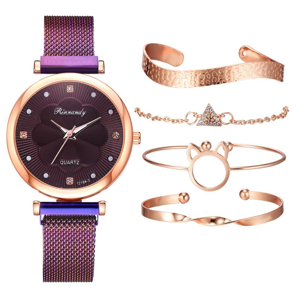 Fashion Set Women Watches Luxury Magnet Buckle Flower Rhinestone Watch Ladies Quartz Wrist Watch  WIth Bracelet In Set For Women and Girls