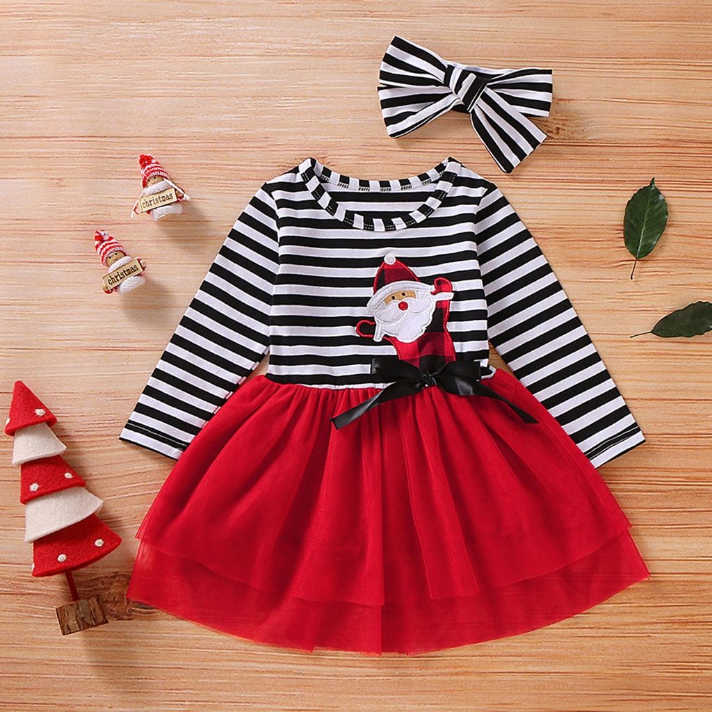 Newborn Baby Girls Long Sleeve Christmas Santa Striped  Skirt Dress Outfits Unique Design